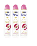 Three North Point Dove Advanced Care 250ml Body Sprays with pink caps and white labels, featuring pomegranate and lemon verbena scent, triple moisturising technology, and 72-hour odor protection, are arranged side by side on a white background.