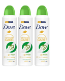 Three North Point Dove Advanced Care 250ml Body Spray cans with green caps, cucumber and green tea scent, are lined up on a white surface. Experience 72-hour odor protection and triple moisturizing technology in each use.