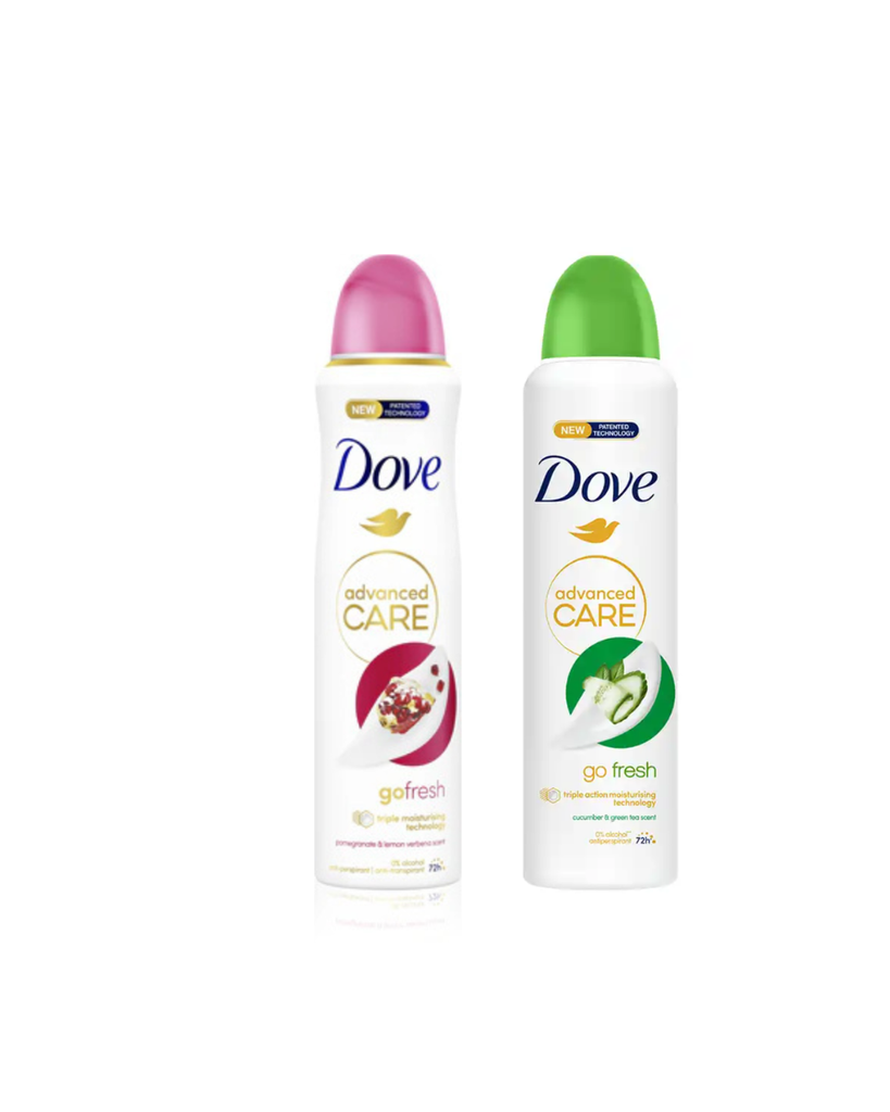 Two North Point Dove Advanced Care 250ml Body Sprays—one with a pink cap and pomegranate, one with a green cap and cucumber—deliver 72-hour odor protection and triple moisturizing on a white background.