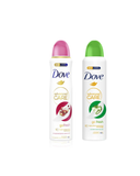 Two North Point Dove Advanced Care 250ml Body Sprays—one with a pink cap and pomegranate, one with a green cap and cucumber—deliver 72-hour odor protection and triple moisturizing on a white background.