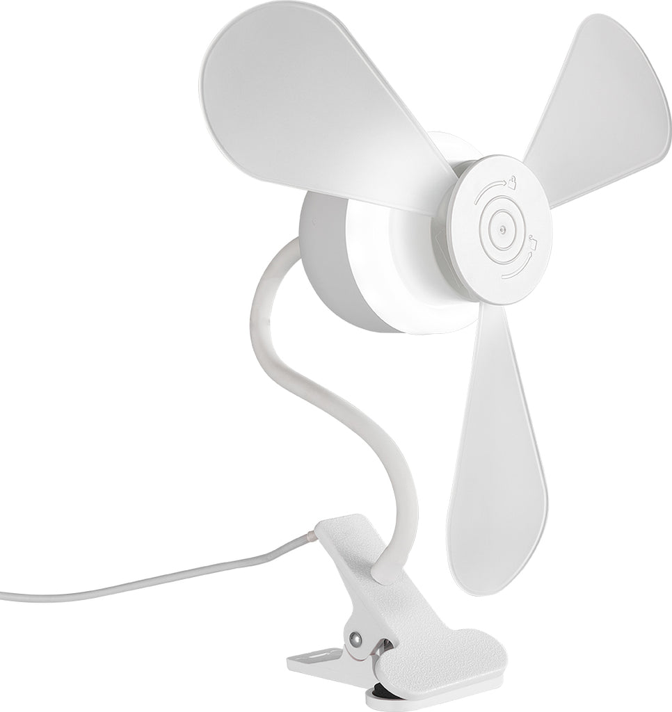 The North Point Clip Light with Fan 11W is a flexible gooseneck desk fan lamp with three blades and a clip-on design, powered by cord, providing adjustable airflow and light right where you need it.