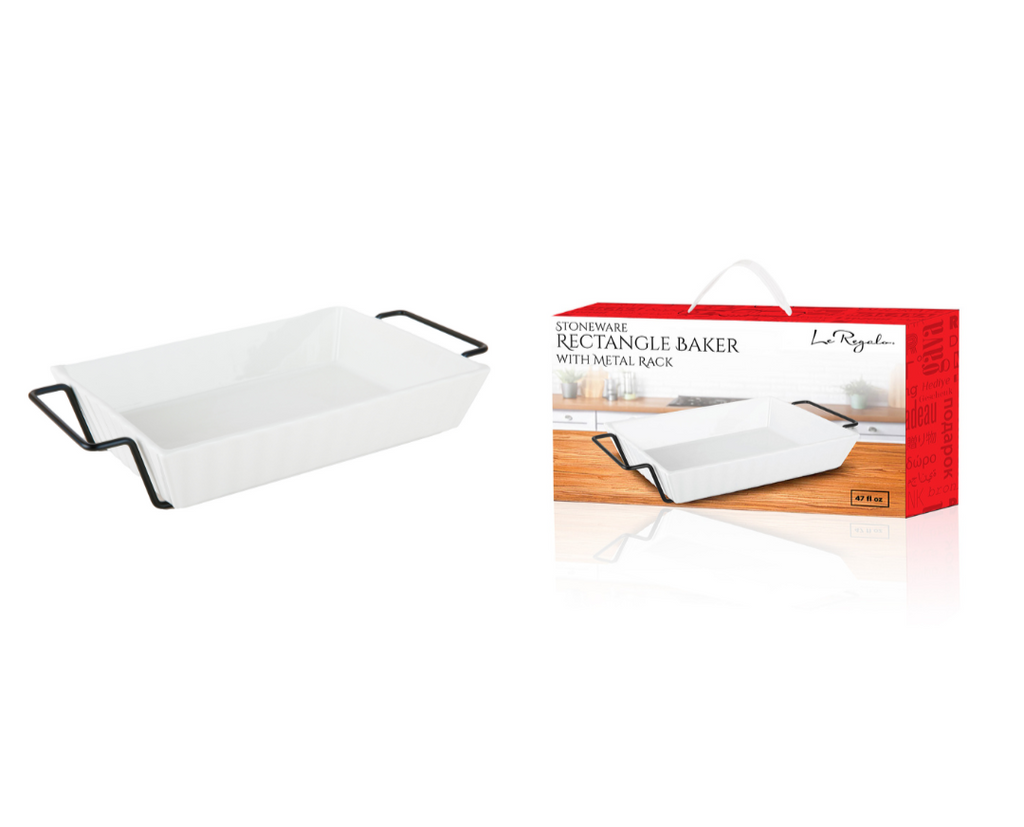 North Point Le Regalo Stoneware Rectangle Baker with Metal Rack, 47 fl oz, White, displayed beside its packaging box which features an image of the baker, red accents, and the text “Stoneware Rectangular Baker with Metal Rack.” This versatile oven-to-table baker blends functionality and style for effortless serving.