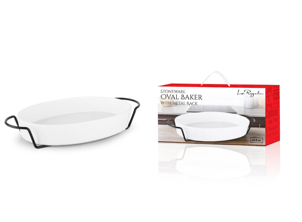 A North Point Le Regalo Stoneware Oval Baker with Metal Rack, 32 fl oz, in white is shown beside its packaging box, which features an image of the baker and text emphasizing its oven-to-table serving functionality.