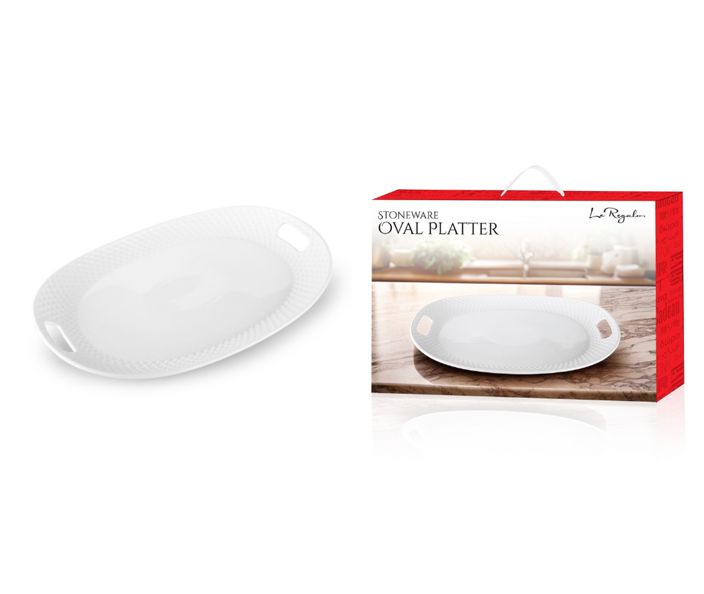 Le Regalo Stoneware Oval Serving Platter with Handles, 17.75 Inch, by North Point, is shown in white with an oval shape and convenient handles. The platter is displayed next to its red and white box packaging featuring the text “STONEWARE OVAL PLATTER” and an image of the platter on a kitchen counter.