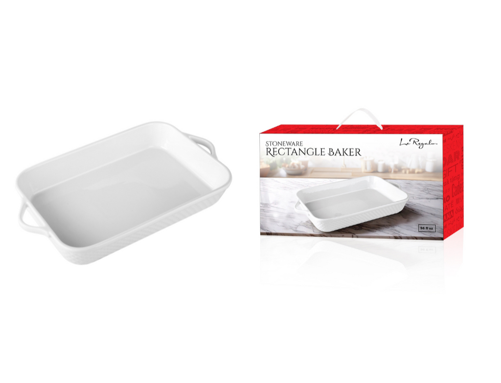 The North Point Le Regalo 96 fl oz Stoneware Rectangle Baker with Handles in white, ideal for preparing large family meals, is displayed alongside its packaging box that features an image of this oven-to-table stoneware baker.