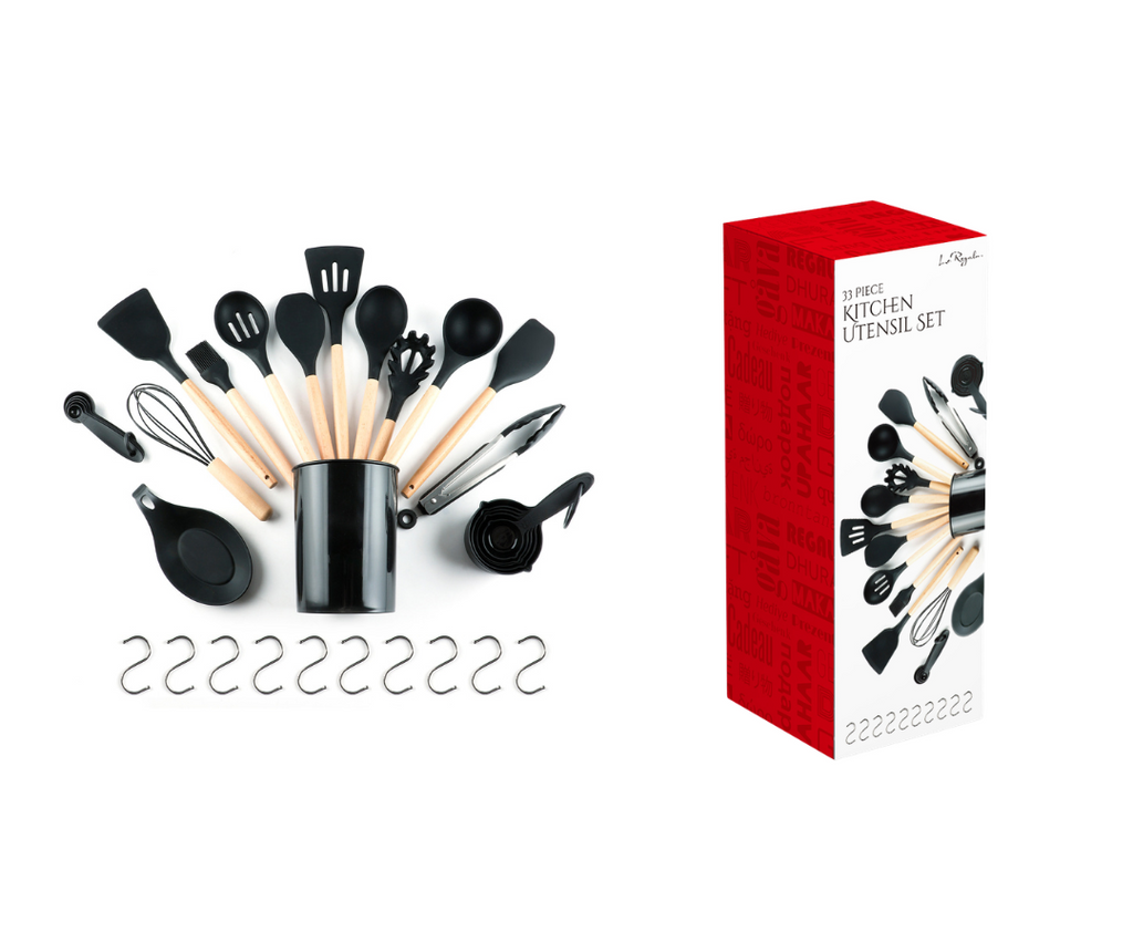 The Le Regalo 33 Piece Silicone Kitchen Utensil Set by North Point features black silicone utensils with durable wooden handles, all organized in a sleek utensil holder. This comprehensive set also includes measuring tools and six S-hooks, and comes in its original packaging accented with red details.