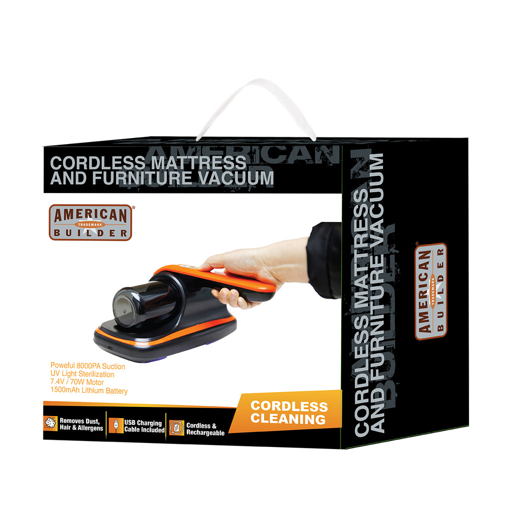 A box for the North Point American Builder Cordless Mattress and Furniture Vacuum with UV Light, 8000Pa Suction in black and orange, showing a hand holding the vacuum. The packaging highlights features such as UV light sterilization, USB charging, and a 1500mAh lithium battery.