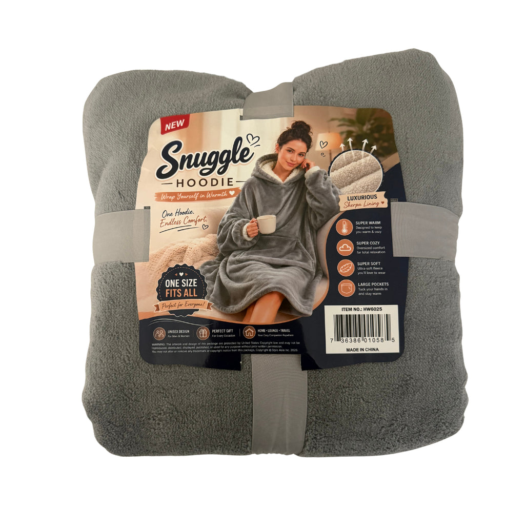 Gray North Point Snuggle Hoodie Oversized Wearable Blanket with Sherpa Lining, Large Pocket, One Size Fits All – Gray, folded in packaging featuring product benefits and an image of a person wearing the hoodie.