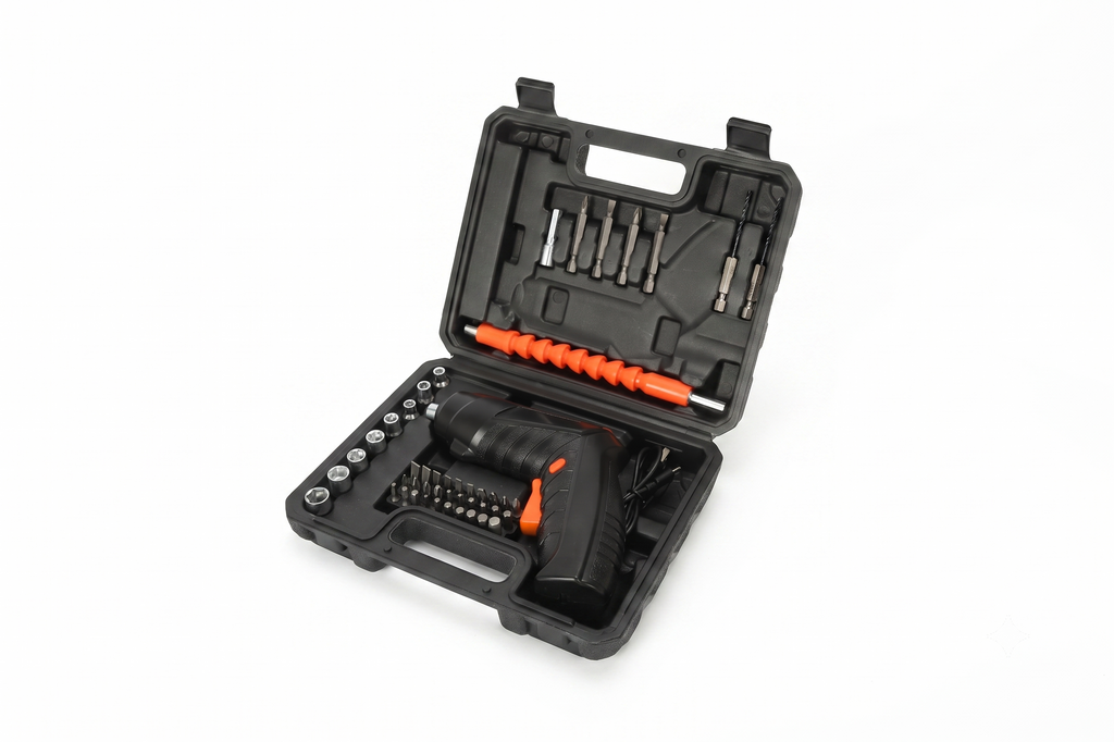 American Builder 47-Piece Cordless Screwdriver Set with 47 accessories including bits, sockets, and a flexible extension shaft, all housed in a black plastic carrying case.