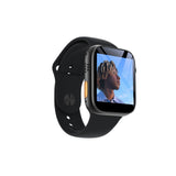 The North Point Bluetooth Smart Watch for Android iOS – Black features a rectangular face showing a person with light brown curly hair gazing at a blue sky, a black silicone strap, and advanced fitness tracking, on a white background.