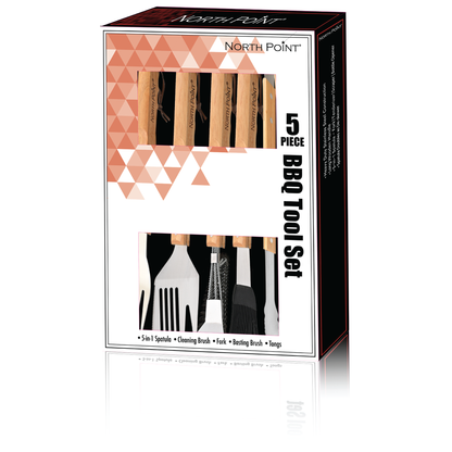 A North Point® 5 Piece BBQ Tool Set Box Image Showcasing 5-in-1 Spatula, Cleaning Brush, Fork, Basting Brush and Tongs with Printed Text.