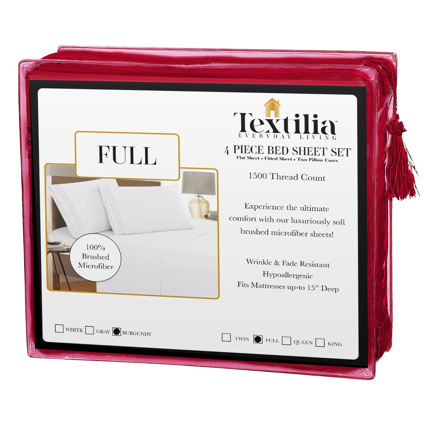 Textilia 4 Piece Bedsheet Set in Burgundy, tailored for full-size beds. The packaging reflects the burgundy color theme, specifically designed for full-size bed with white box displaying on the white background.