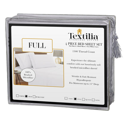 Textilia 4 Piece Bedsheet Set in Gray, tailored for full-size beds. The packaging reflects the gray color theme, specifically designed for full-size bed dimensions with label and white box.