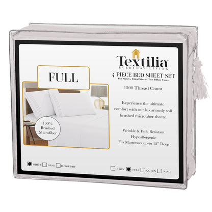 Textilia 4 Piece Bedsheet Set in white, tailored for full-size beds. The packaging reflects the gray color theme, specifically designed for full-size bed dimensions with label and white box.