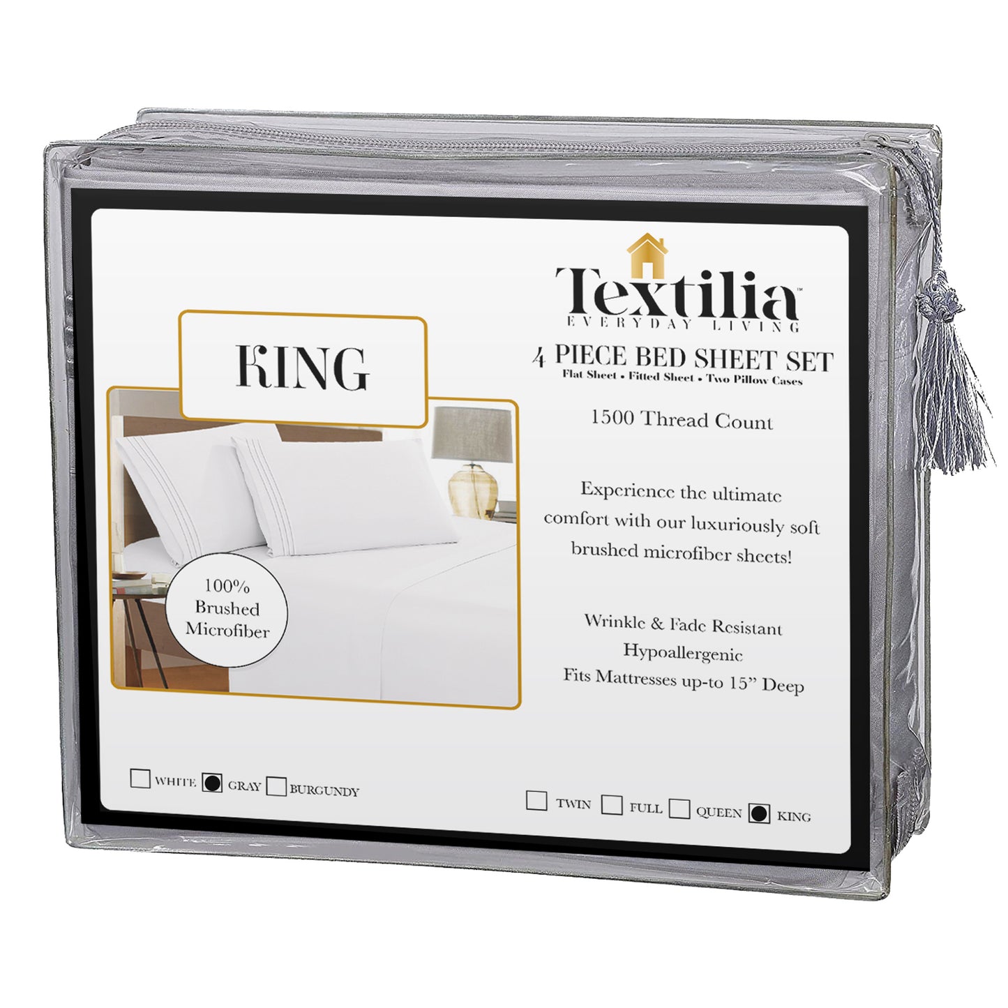 Textilia 4 Piece Bedsheet Set in Gray, tailored for king-size beds. The packaging reflects the gray color theme, specifically designed for king-size bed dimensions with label and white box.