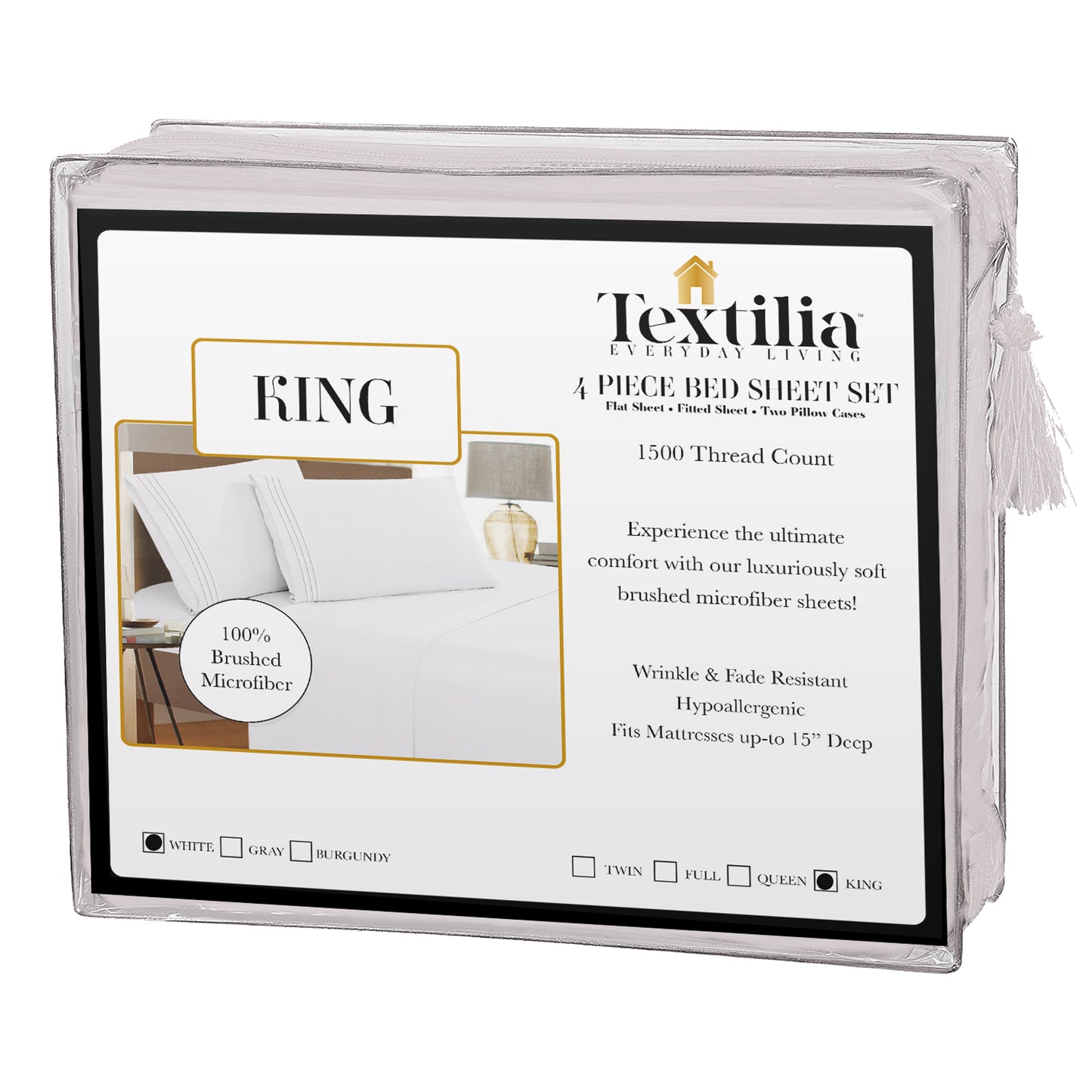 Textilia 4 Piece Bedsheet Set in white, tailored for King-size beds. The packaging reflects the white color theme, specifically designed for king-size bed dimensions displayed on the white background.