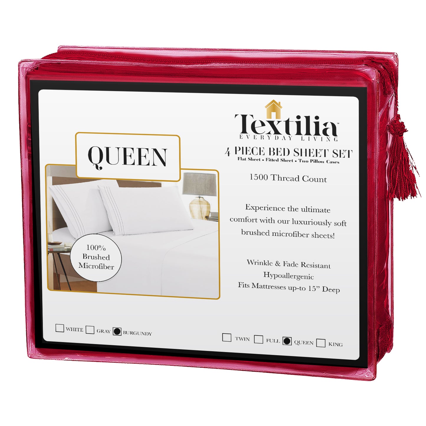 Textilia 4 Piece Bedsheet Set in burgundy, tailored for full-size beds. The packaging reflects the white color theme, specifically designed for queen-size bed dimensions displayed on the white background.