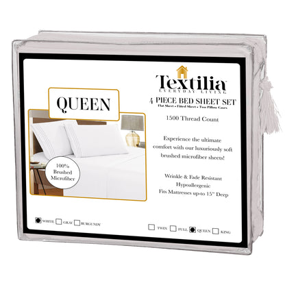 Textilia 4 Piece Bedsheet Set in white, tailored for queen-size beds. The packaging reflects the white color theme, specifically designed for queen-size bed dimensions displayed on the white background.