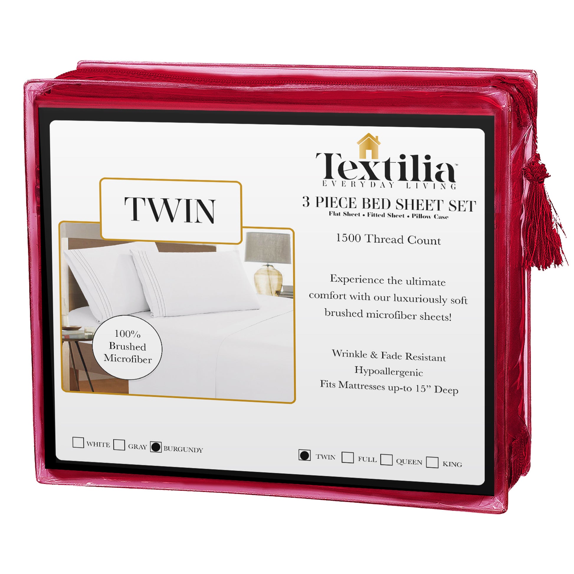 Burgundy-colored Textilia 3 Piece Bedsheet Set in a trasparent packaging with some text on front side displayed on a white background.