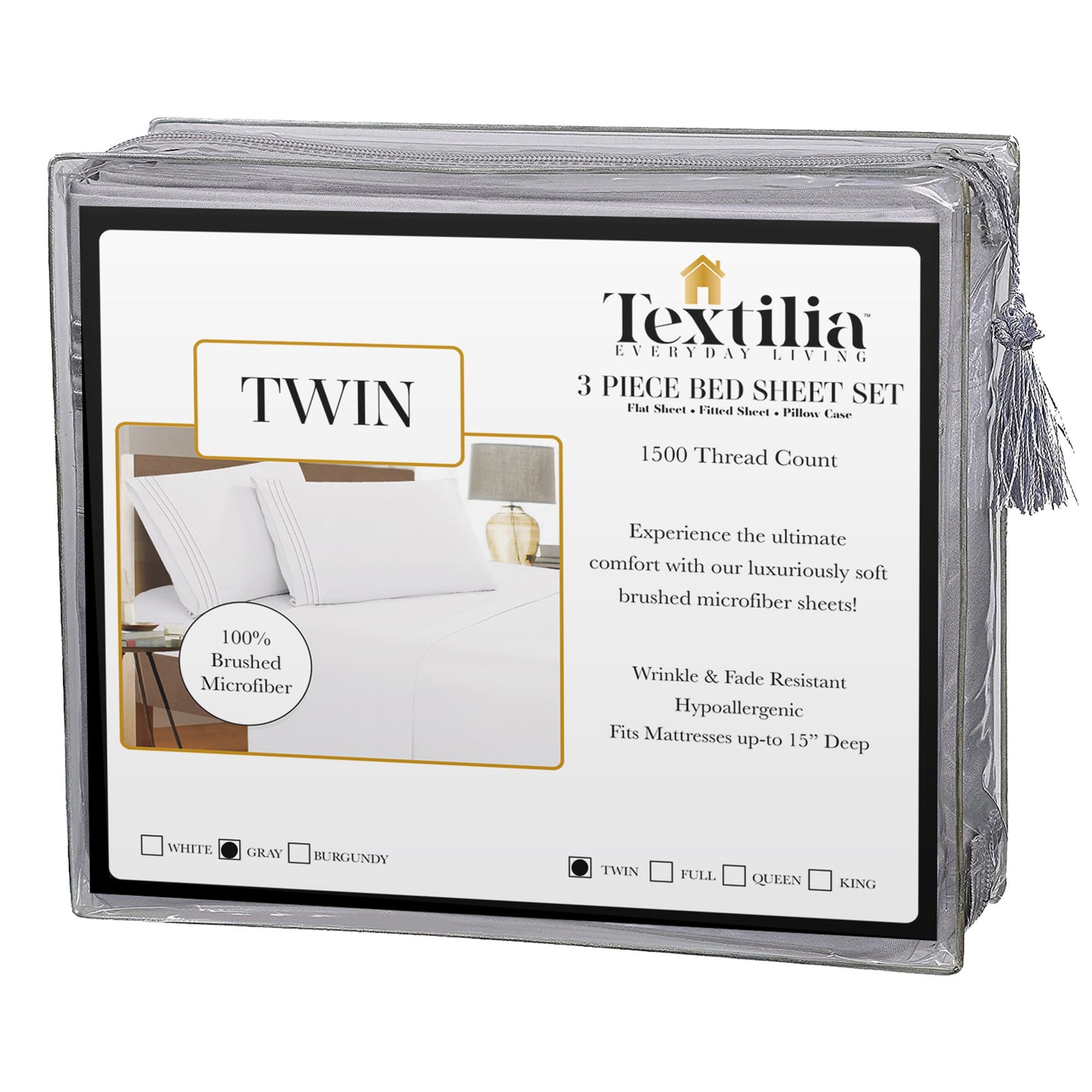 Gray-colored Textilia 3 Piece Bedsheet Set in a trasparent packaging with some text on front side displayed on a white background.