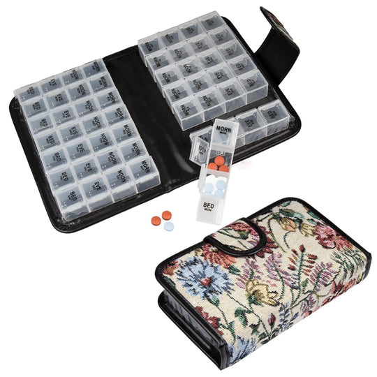 The Smart Essentials Floral 14-Day Pill Case Box has 4 marked compartments and comes in a black zippered case, with each clear daily holder labeled MORN, NOON, EVE, and BED; one box (1 x 1 x 1) is shown separately.