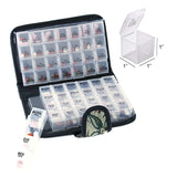 The Smart Essentials Floral 14-Day Pill Case Box has 4 marked compartments and comes in a black zippered case, with each clear daily holder labeled MORN, NOON, EVE, and BED; one box (1 x 1 x 1) is shown separately.