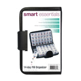 The Smart Essentials 14-Day Pill & Vitamin Organizer in black offers labeled Mom, Noon, Eve, and Bed compartments in a compact carrying case, combining portability and organization under the trusted Smart Essentials brand.