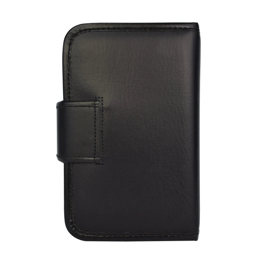 The Smart Essentials 14-Day Pill & Vitamin Organizer in black, featuring a compact design and magnetic clasp with a stitched border, is shown closed against a white background.