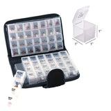 The Smart Essentials 14-Day Pill & Vitamin Organizer in black features a compact zippered case with weekly organizers labeled MORN, NOON, EVE, and BED. Each clear flip-top compartment measures 1x1x1, ideal for vitamins or pills.