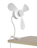 The North Point Clip Light with Fan 11W is a white, three-blade flexible gooseneck desk fan lamp by North Point, clipped to a light wood desk. Its visible power cord powers both cooling and lighting functions in one compact device.