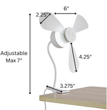 Side view of the North Point Clip Light with Fan 11W – Flexible Gooseneck Desk Fan Lamp by North Point, showing a white fan clipped to a desk edge; features include 6" blade span, 2.25" blade width, 4.25" blade length, and adjustable height up to 7".