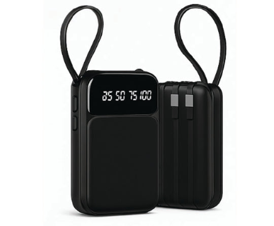 Two black North Point 5000mAh portable power banks with built-in cables, LED displays, and flashlight. Both have loop straps and are shown front and back against a white background. Sold as a 2 pack.