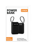 North Point 2 Pack 5000mAh Portable Power Bank in black, each with built-in cables, keychain loops, LED digital display, and flashlight. The white box front shows both power banks and highlights Built-in Flashlight and LED Display.
