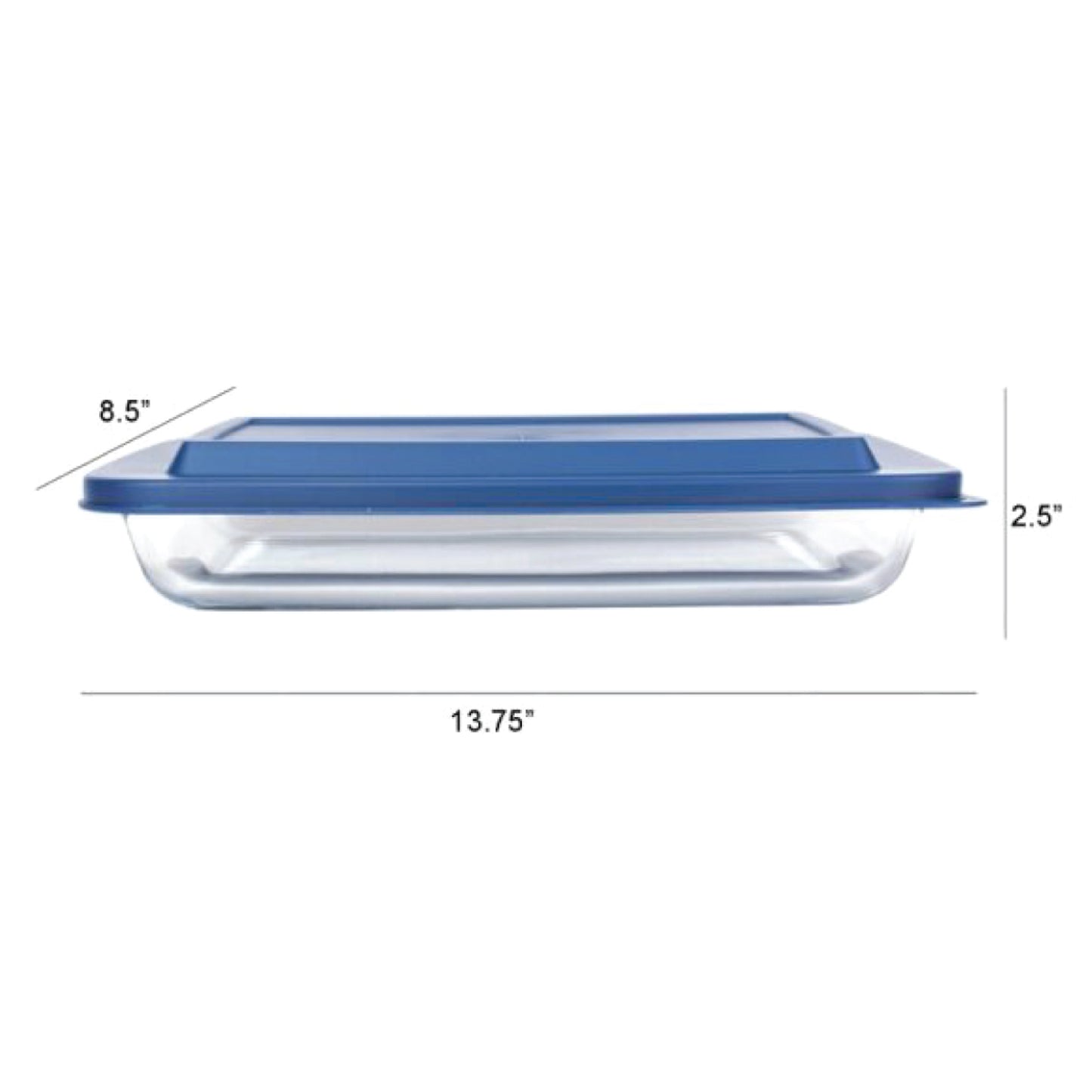 Image of a rectangular glass food storage container with a blue lid. Dimensions are labeled: 13.75 inches in length, 8.5 inches in width, and 2.5 inches in height.