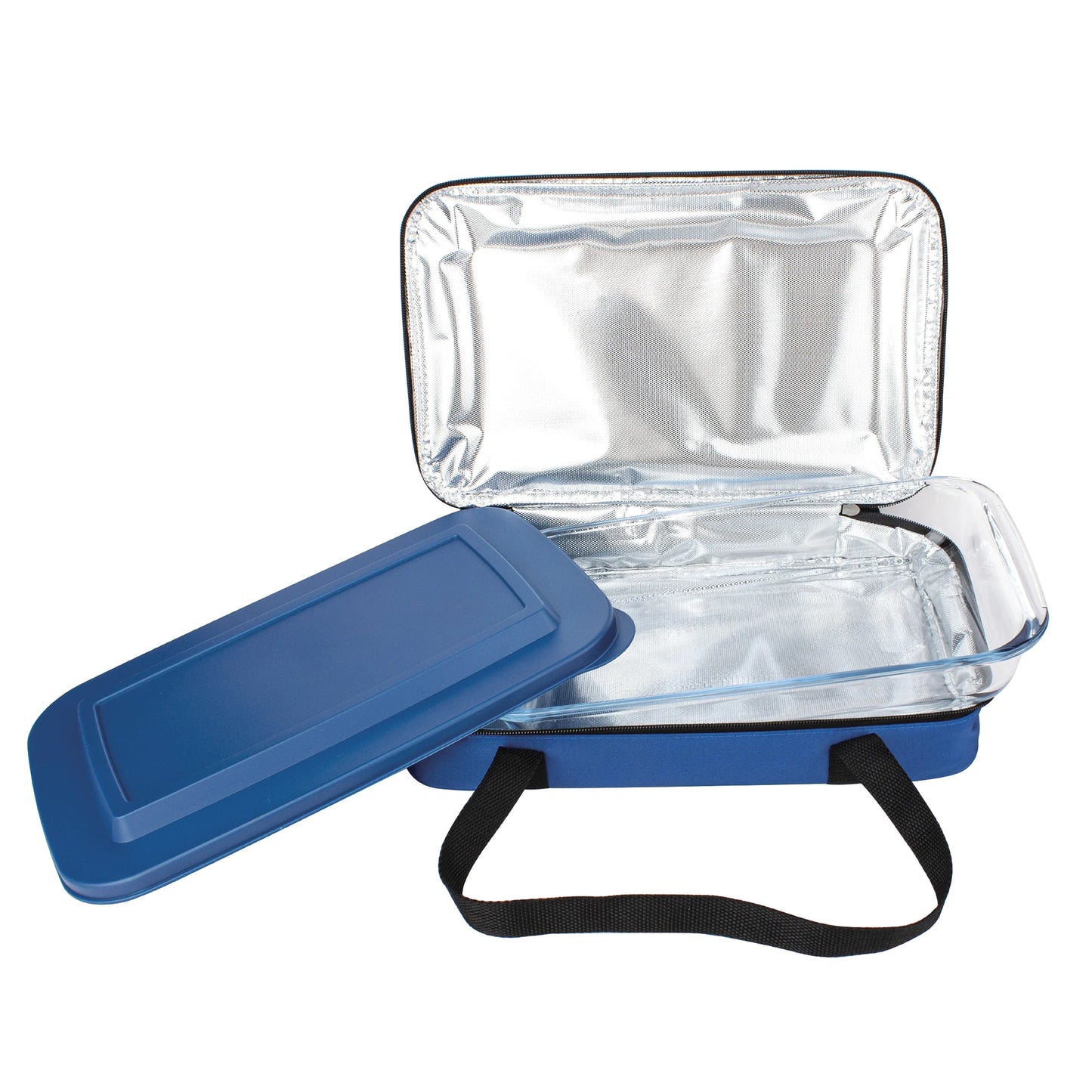 The Le Regalo Glass Casserole With Insulated Carry Bag by Le Regalo features a blue insulated lunch bag with a black strap and silver lining to keep food hot or cold—ideal for bake-and-take meals or carrying your favorite dish.