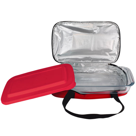The Le Regalo Glass Casserole with Insulated Carry Bag features a rectangular dish with a red plastic lid, housed in a silver-lined carrier with sturdy black handles—perfect for transporting your bake-and-take meals or carrying your favorite dish.