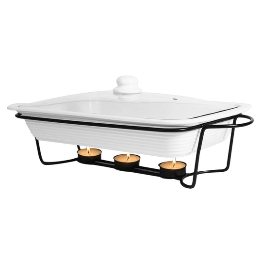 The Le Regalo 3 Piece Bake and Serve Food Warmer Set features a rectangular white ceramic casserole dish with lid on a black metal stand for tealight candles, making it easy to keep meals warm while entertaining.