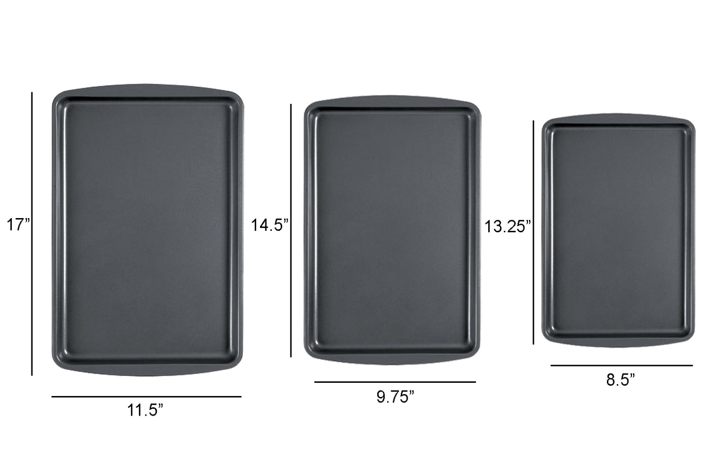 Le Regalo® Set of 3 Baking Tray showing dimension, Small Tray 13.25” x 8.5”, Medium Tray 14.5” x 9.75”, Large Tray 17” x 11.5”