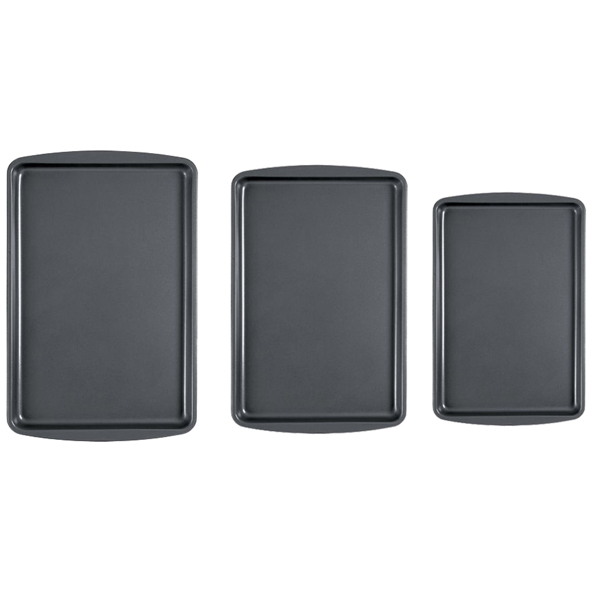 Le Regalo® Set of 3 Baking Tray. Three black, empty baking trays of varying sizes arranged horizontally against a white background.