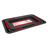 The Le Regalo Set of 3 Baking Tray features durable, non-stick rectangular trays in dark gray with red silicone grips. The stackable trays come in different sizes, with the top tray showing a product label. Brand: Le Regalo.