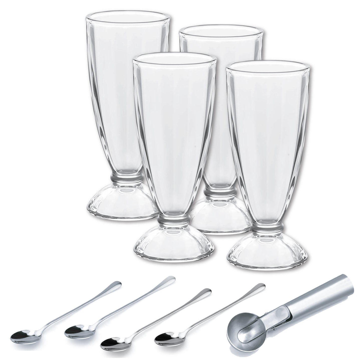 Le Regalo® 9 Piece Ice Cream Set all made of stainless steel, displayed on a white background.