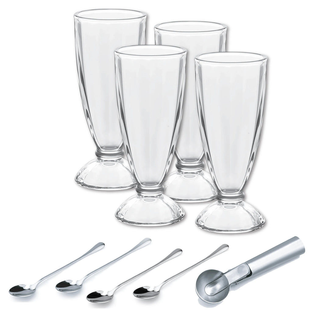 The Le Regalo 9 Piece Ice Cream Set by Le Regalo, featuring clear glass soda glasses, long-handled stainless spoons, and a metal ice cream scoop, is arranged on a white background for the perfect sundae experience.