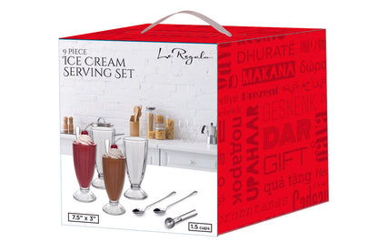 Le Regalo® 9 Piece Ice Cream Set. package, featuring images of milkshakes, spoons, and containers, with red and white color scheme.