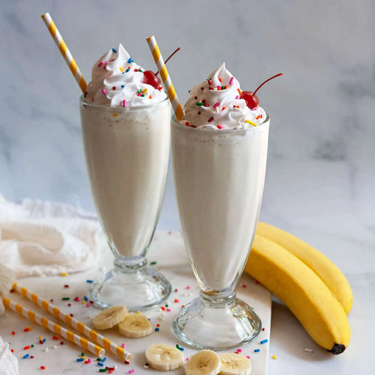 Two tall glasses of banana milkshake with whipped cream, sprinkles, cherries, and yellow-striped straws are shown next to banana slices and stainless steel spoons from the Le Regalo 9 Piece Ice Cream Set by Le Regalo.