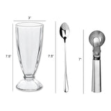 The Le Regalo 9 Piece Ice Cream Set includes a clear glass (7.5 tall), a long stainless steel spoon (7), and an ice cream scoop (just over 7)—all by Le Regalo, perfect for sundaes.