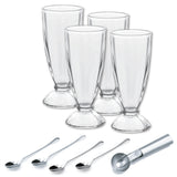 The Le Regalo 9 Piece Ice Cream Set by Le Regalo, featuring clear glass soda glasses, long-handled stainless spoons, and a metal ice cream scoop, is arranged on a white background for the perfect sundae experience.
