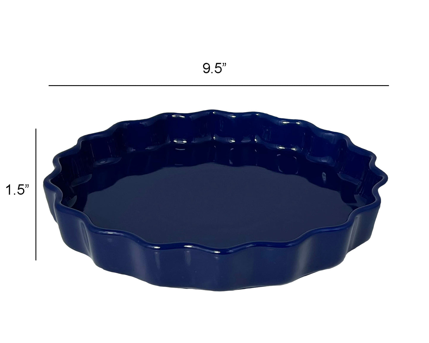 Le Regalo® navy blue stoneware pie dish displaying on a white background, featuring measurements indicating a 9.5-inch width, and 1.5-inch height.