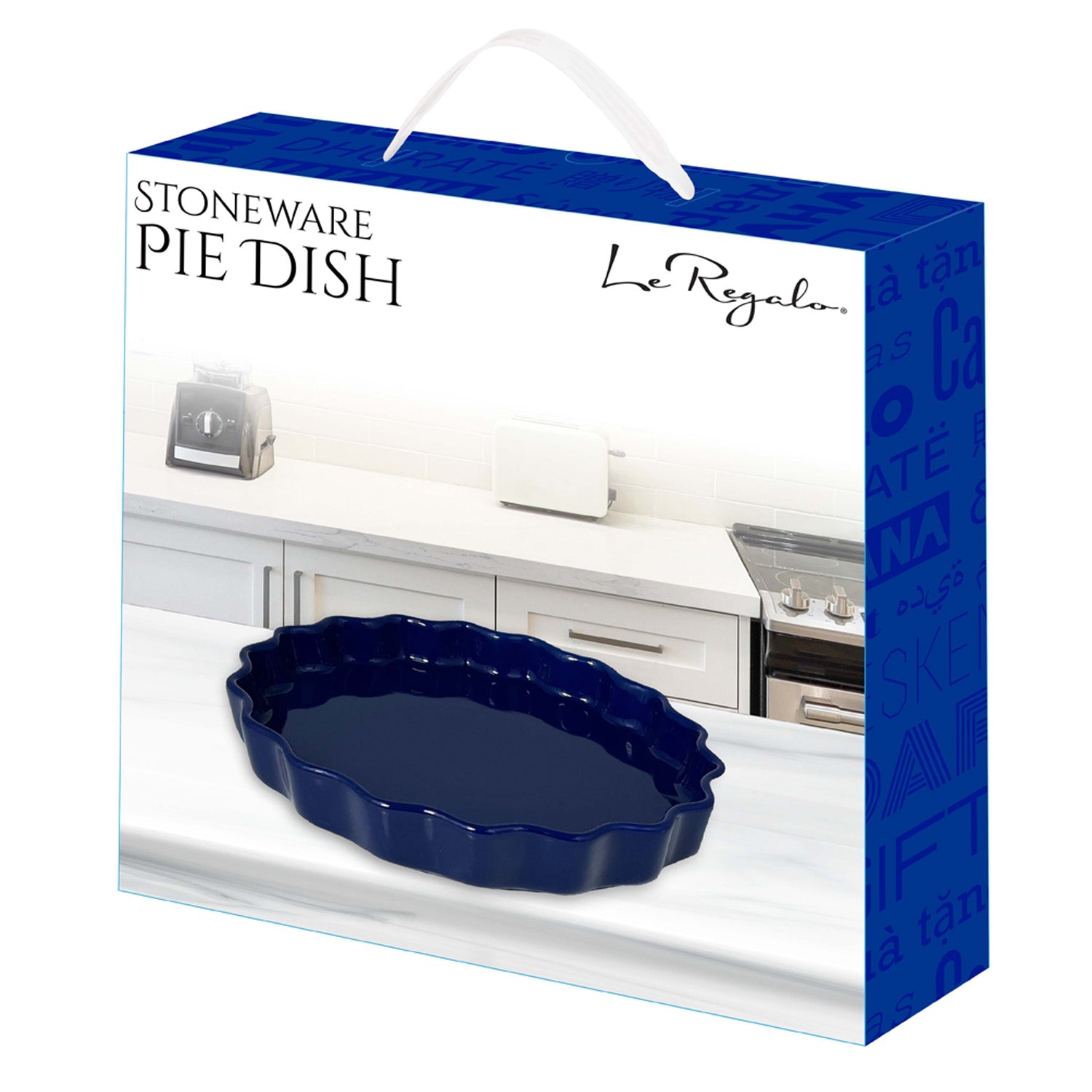 White and blue box packaging with white handle, some text and Le Regalo® navy blue stoneware pie dish product image.