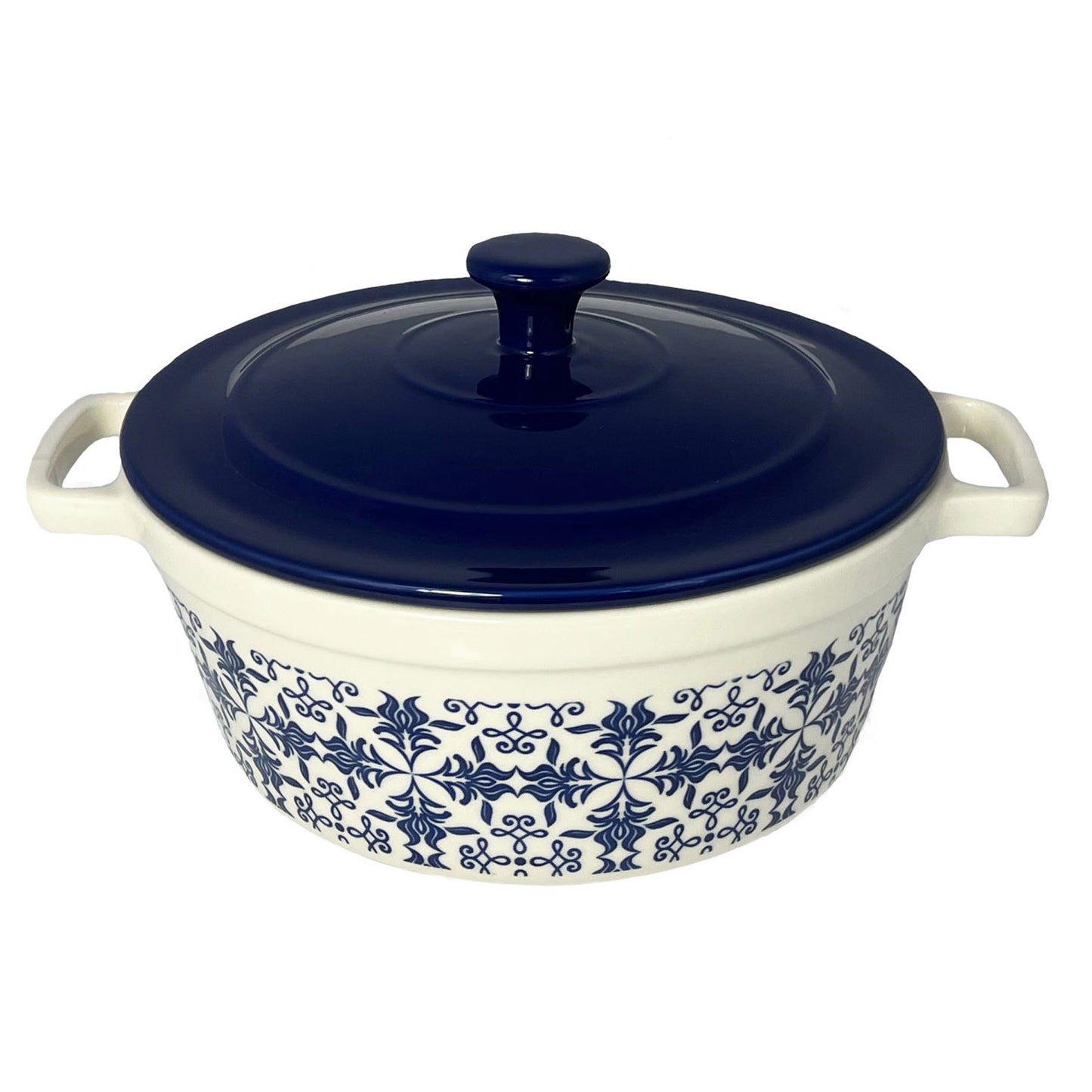 Le Regalo® white stoneware casserole with blue lid having filigree design in blue color displaying on a white background.