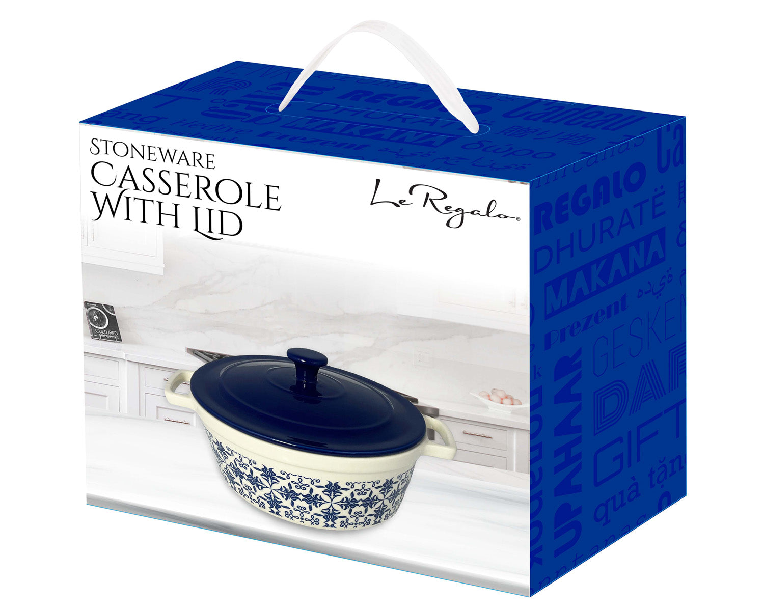 White and blue box packaging with white handle, some text and Le Regalo® white stoneware casserole with blue lid having filigree design in blue color product image.